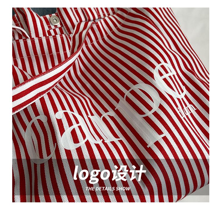 Lettering Print Striped Canvas Tote Bag SpreePicky