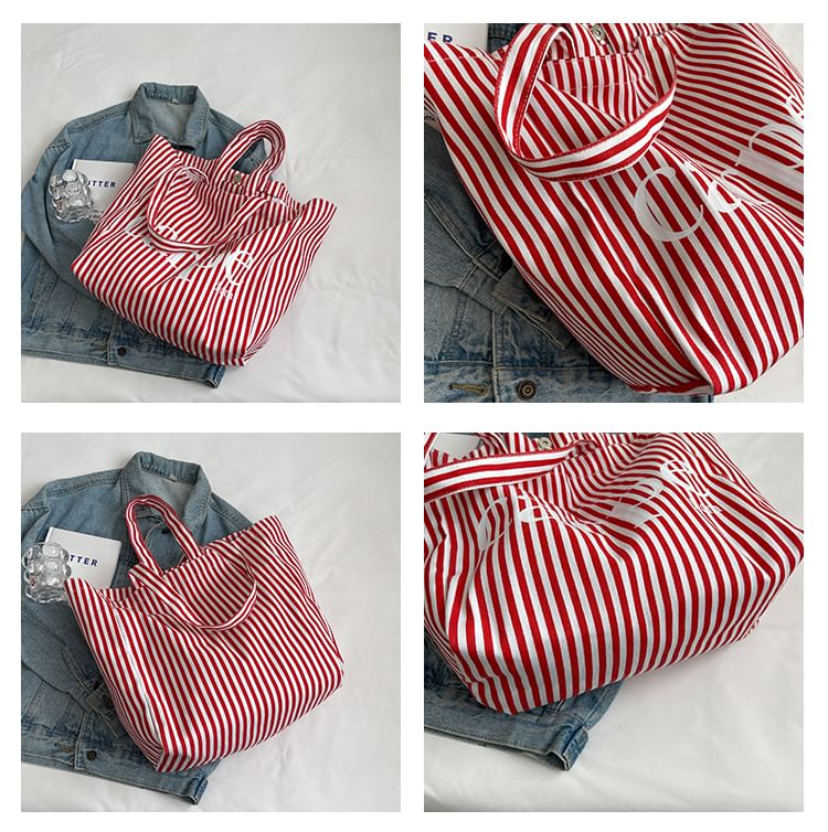 Lettering Print Striped Canvas Tote Bag SpreePicky