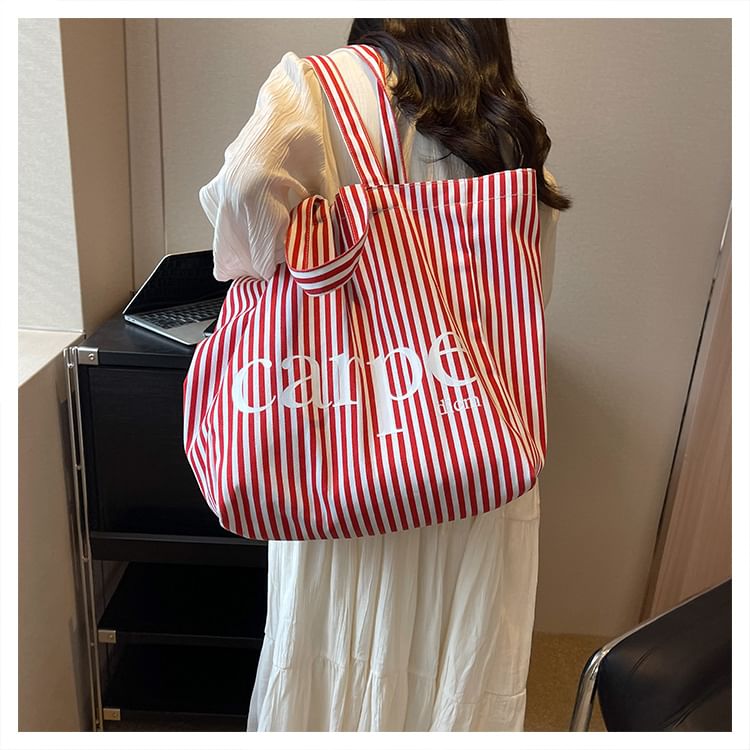 Lettering Print Striped Canvas Tote Bag SpreePicky