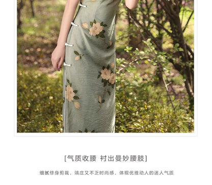 Short-Sleeve Band Collar Floral Midi Qipao SpreePicky