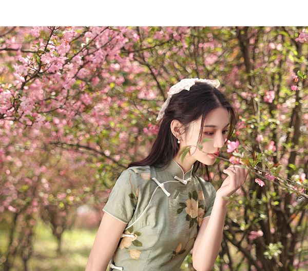 Short-Sleeve Band Collar Floral Midi Qipao SpreePicky