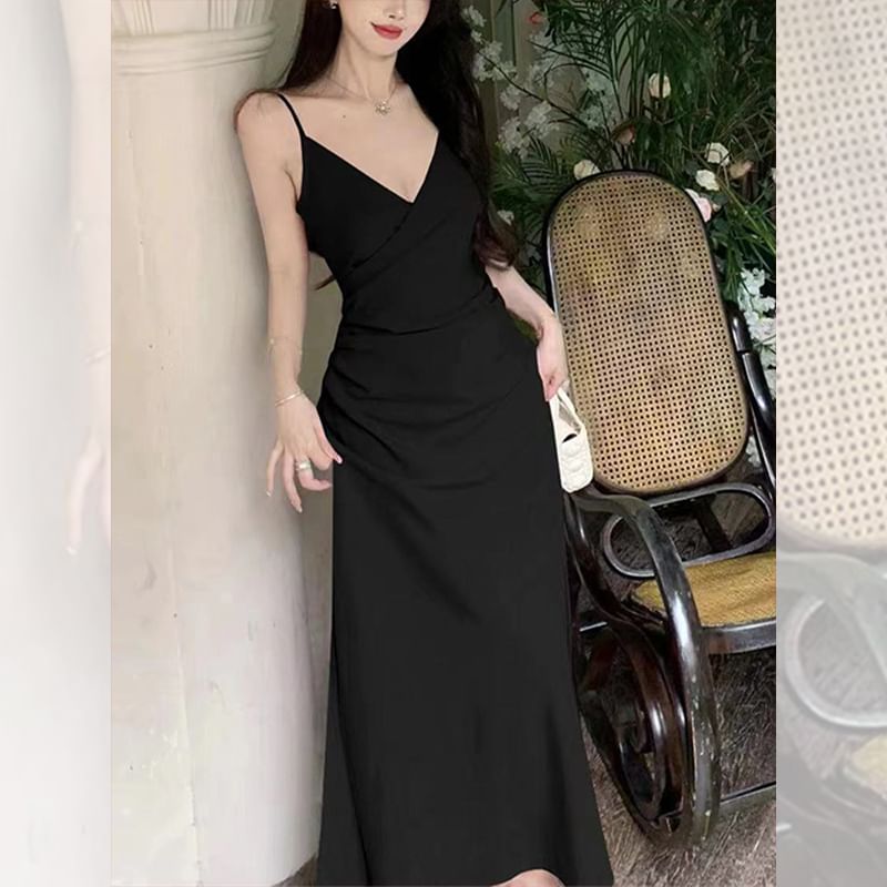 Spaghetti Strap Plain Ruched Slit Midi A-Line Dress SpreePicky