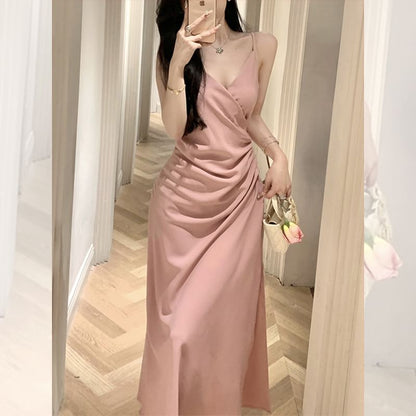 Spaghetti Strap Plain Ruched Slit Midi A-Line Dress SpreePicky