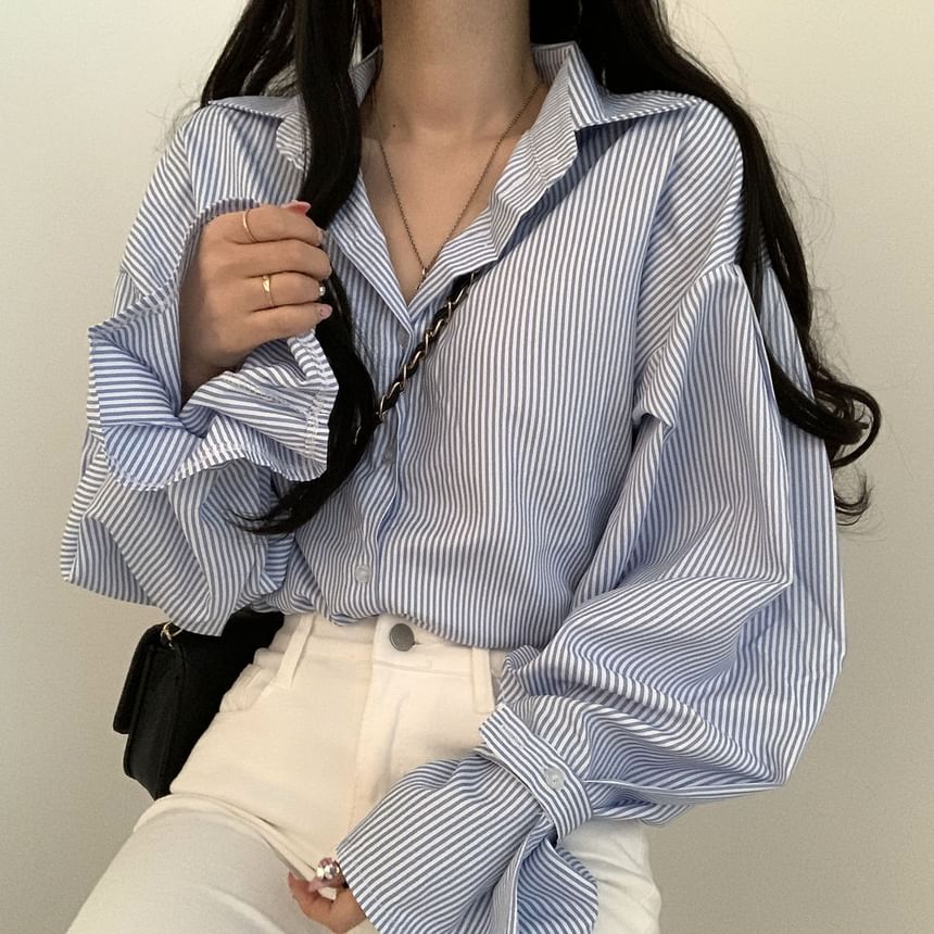 Puff-Sleeve Striped Button-Up Blouse SpreePicky