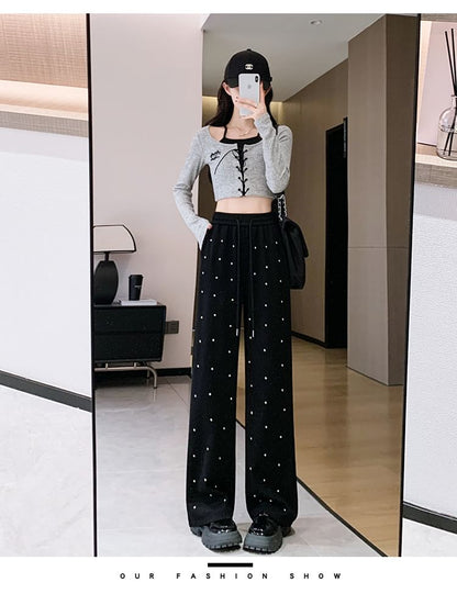 High Waist Rhinestone Wide Leg Pants SpreePicky