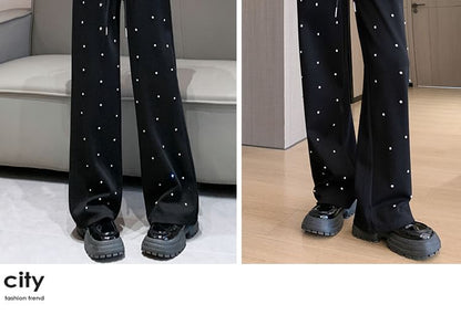 High Waist Rhinestone Wide Leg Pants SpreePicky