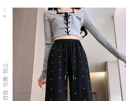 High Waist Rhinestone Wide Leg Pants SpreePicky