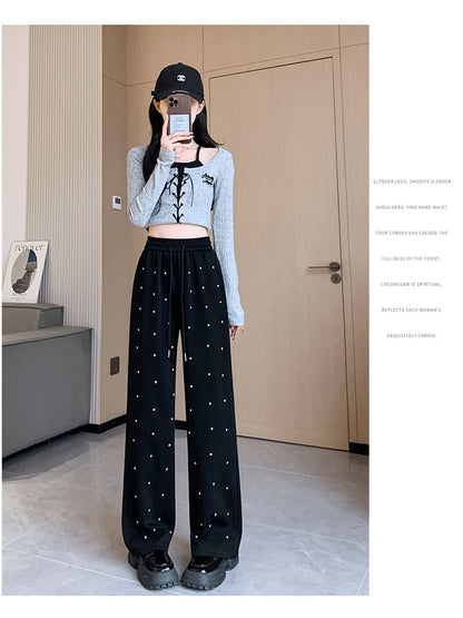 High Waist Rhinestone Wide Leg Pants SpreePicky