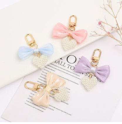 Bow Fabric Heart Faux Pearl Bag Charm Keyring (Various Designs) SpreePicky