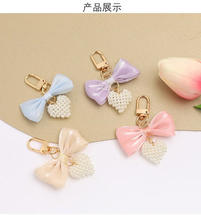 Bow Fabric Heart Faux Pearl Bag Charm Keyring (Various Designs) SpreePicky