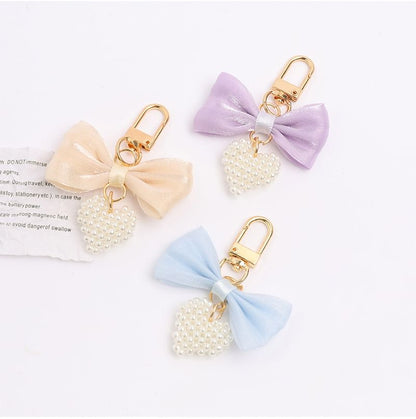 Bow Fabric Heart Faux Pearl Bag Charm Keyring (Various Designs) SpreePicky