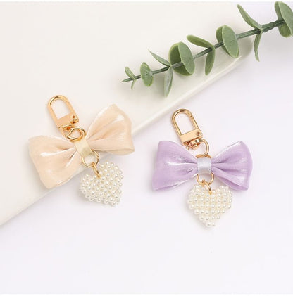 Bow Fabric Heart Faux Pearl Bag Charm Keyring (Various Designs) SpreePicky