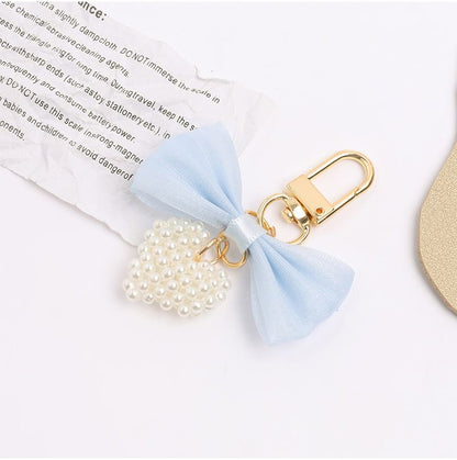 Bow Fabric Heart Faux Pearl Bag Charm Keyring (Various Designs) SpreePicky