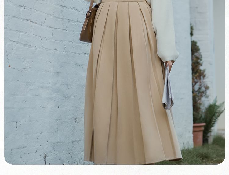 Long-Sleeve Plain Crop Top / Striped Shirt / High Waist Maxi A-Line Pleated Skirt / Set SpreePicky