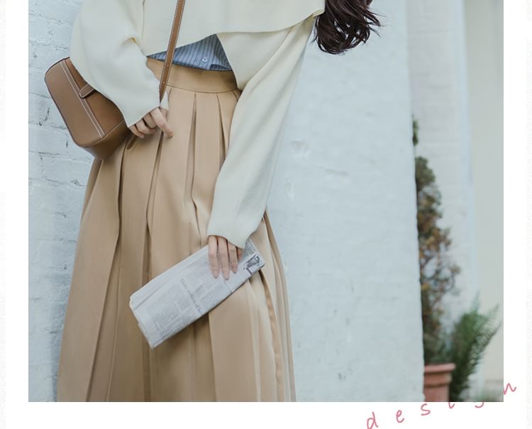 Long-Sleeve Plain Crop Top / Striped Shirt / High Waist Maxi A-Line Pleated Skirt / Set SpreePicky