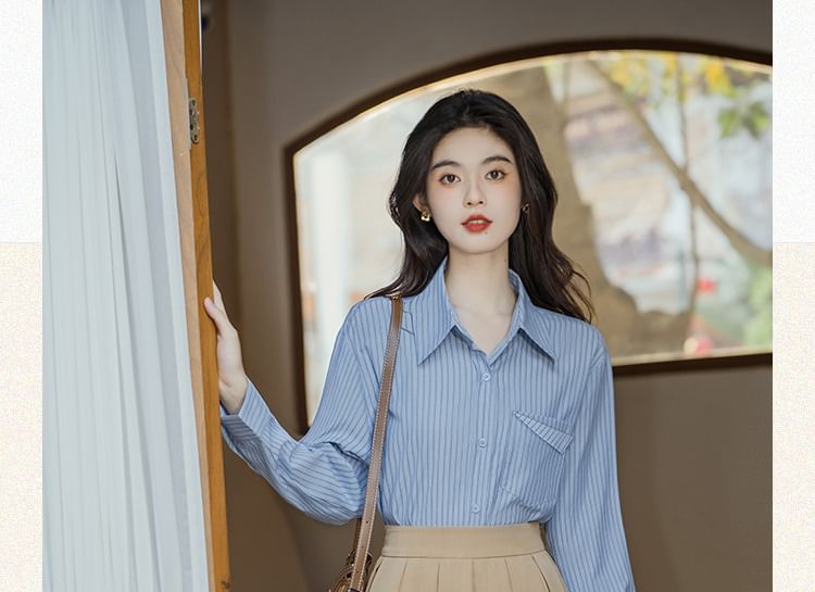 Long-Sleeve Plain Crop Top / Striped Shirt / High Waist Maxi A-Line Pleated Skirt / Set SpreePicky