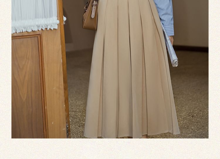 Long-Sleeve Plain Crop Top / Striped Shirt / High Waist Maxi A-Line Pleated Skirt / Set SpreePicky