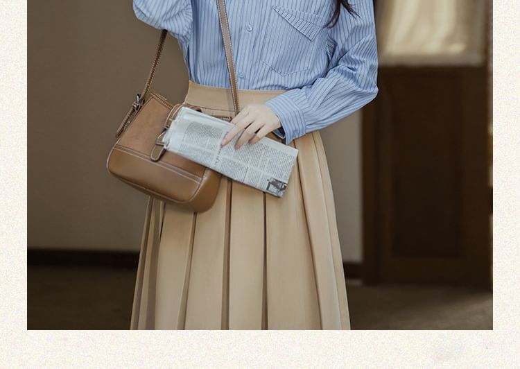 Long-Sleeve Plain Crop Top / Striped Shirt / High Waist Maxi A-Line Pleated Skirt / Set SpreePicky