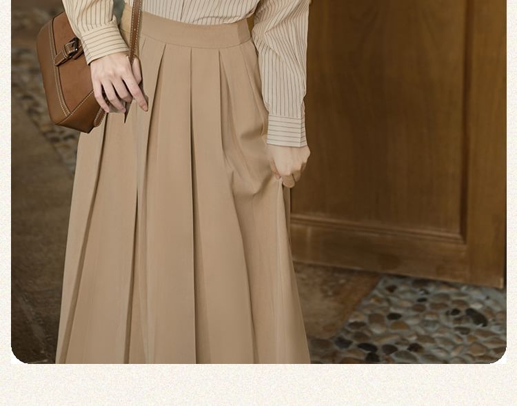 Long-Sleeve Plain Crop Top / Striped Shirt / High Waist Maxi A-Line Pleated Skirt / Set SpreePicky