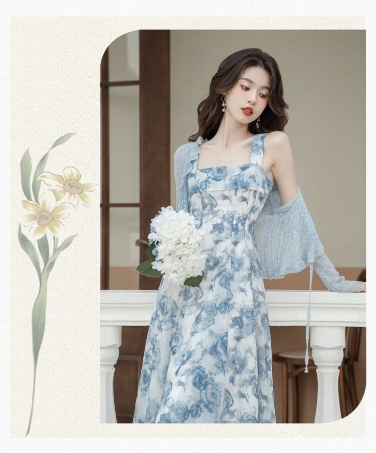 Set: Plain Light Jacket + Spaghetti Strap Print Maxi A-Line Dress SpreePicky