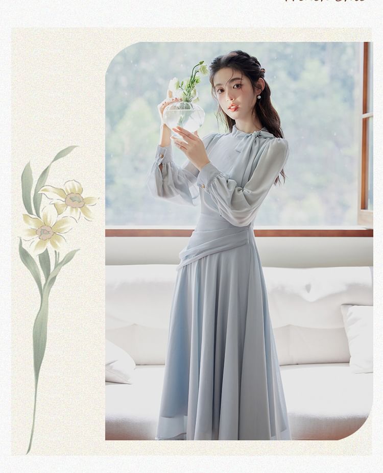 Long-Sleeve Tie Neck Plain Maxi A-Line Dress SpreePicky