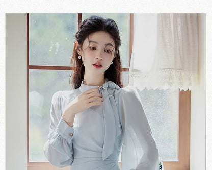 Long-Sleeve Tie Neck Plain Maxi A-Line Dress SpreePicky