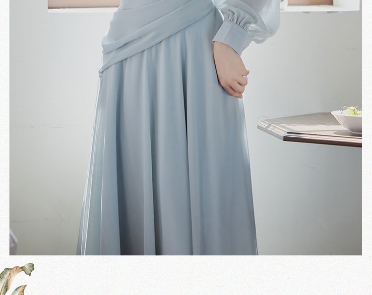 Long-Sleeve Tie Neck Plain Maxi A-Line Dress SpreePicky