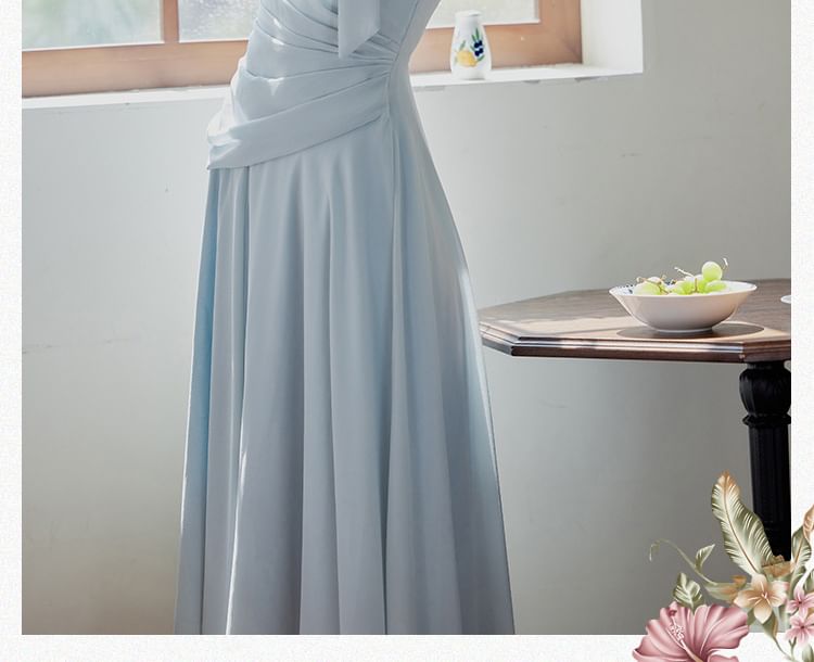 Long-Sleeve Tie Neck Plain Maxi A-Line Dress SpreePicky