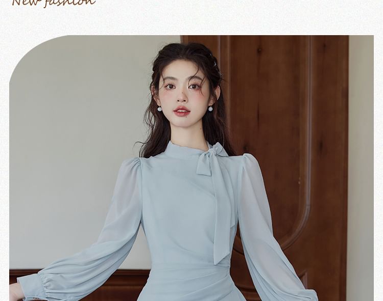 Long-Sleeve Tie Neck Plain Maxi A-Line Dress SpreePicky