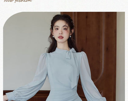 Long-Sleeve Tie Neck Plain Maxi A-Line Dress SpreePicky