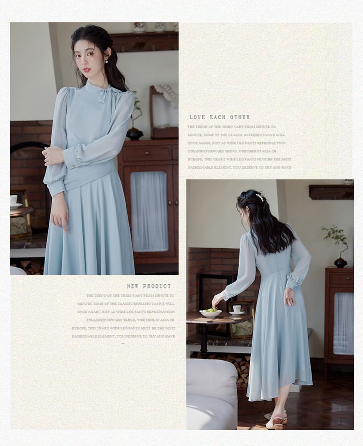 Long-Sleeve Tie Neck Plain Maxi A-Line Dress SpreePicky