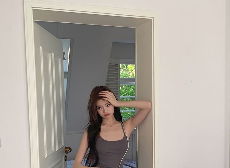 Strap Scoop Plain Mermaid Open Neck Back Dress Slit Spaghetti Midi FashionChic