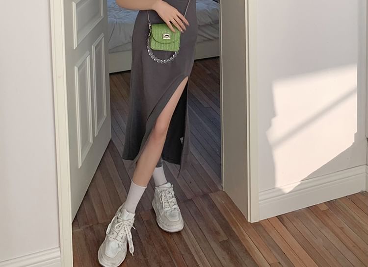 Strap Scoop Plain Mermaid Open Neck Back Dress Slit Spaghetti Midi FashionChic