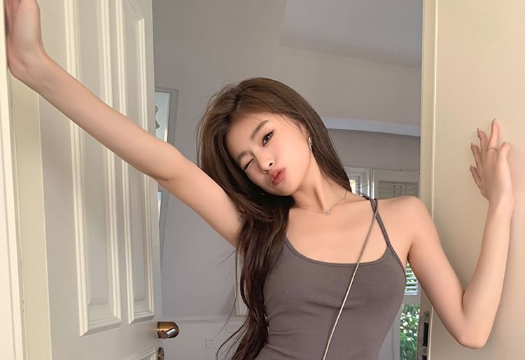 Strap Scoop Plain Mermaid Open Neck Back Dress Slit Spaghetti Midi FashionChic