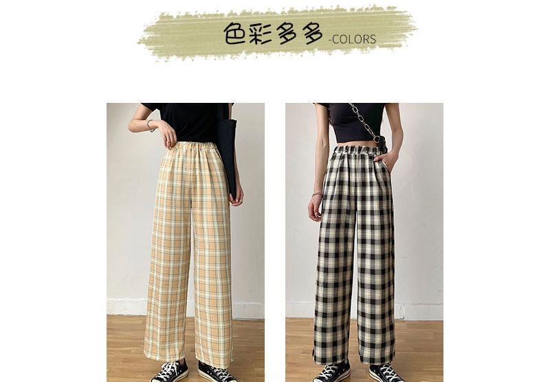 Leg Plaid Waist Pants Wide Elastic FashionChic