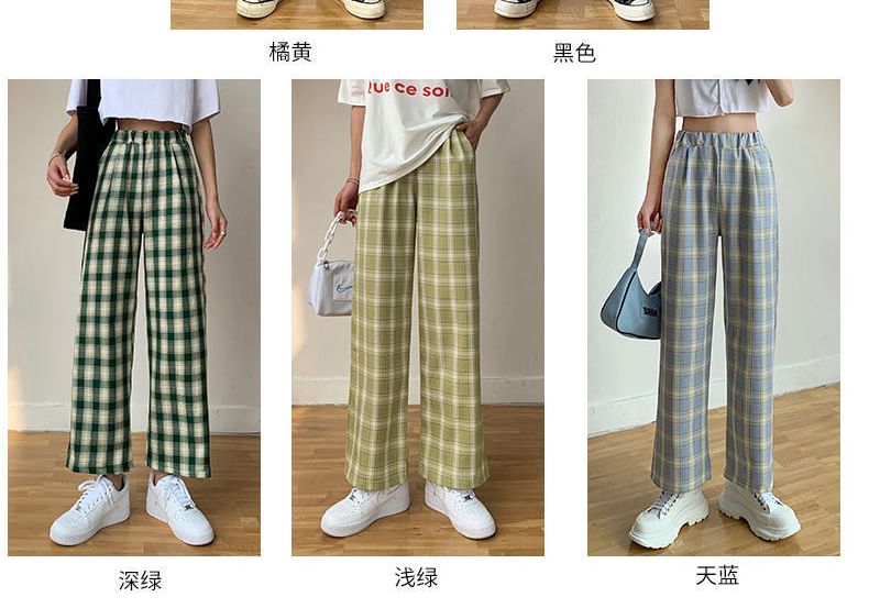 Leg Plaid Waist Pants Wide Elastic FashionChic