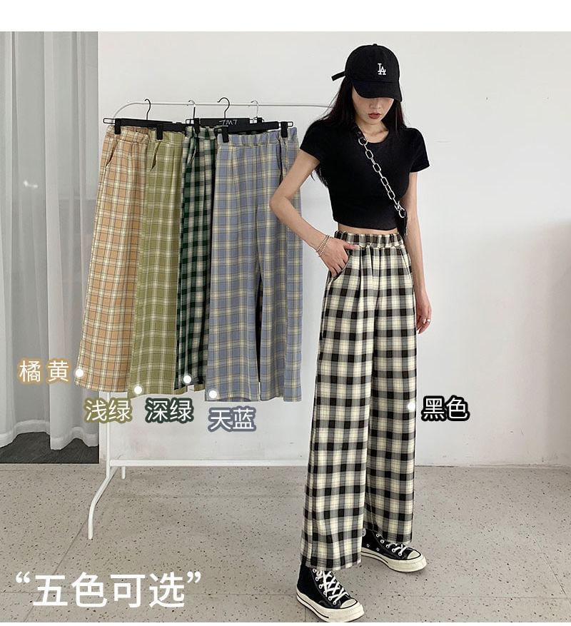 Leg Plaid Waist Pants Wide Elastic FashionChic