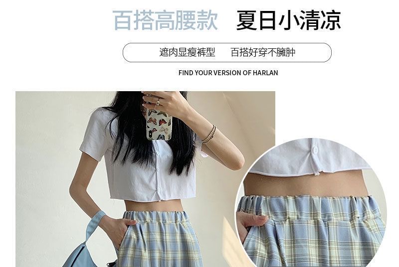 Leg Plaid Waist Pants Wide Elastic FashionChic