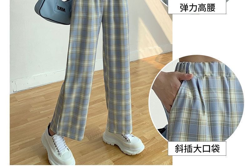 Leg Plaid Waist Pants Wide Elastic FashionChic