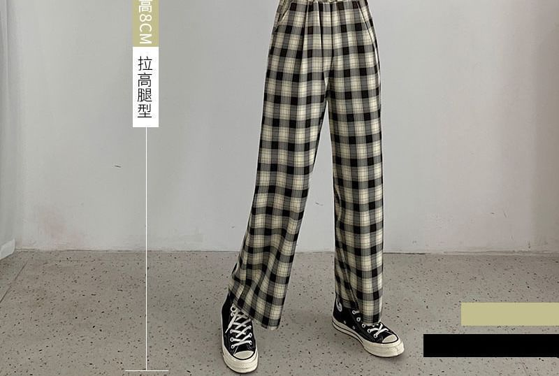 Leg Plaid Waist Pants Wide Elastic FashionChic