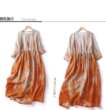 Puff-Sleeve Tie-Dyed Midi A-Line Dress SpreePicky