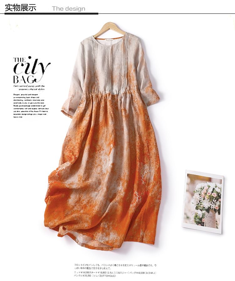 Puff-Sleeve Tie-Dyed Midi A-Line Dress SpreePicky