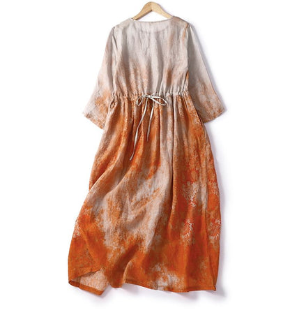 Puff-Sleeve Tie-Dyed Midi A-Line Dress SpreePicky