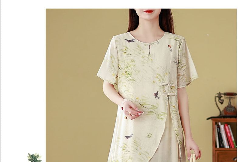 Short-Sleeve Floral Print Frog Buttoned Slit Midi A-Line Dress SpreePicky