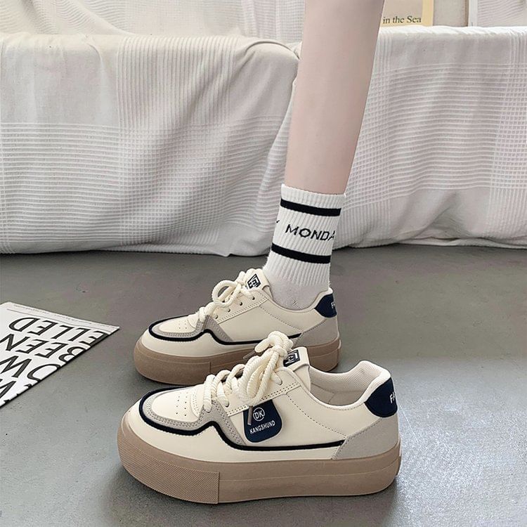 Platform Color Block Applique Faux Leather Lace-Up Sneakers SpreePicky