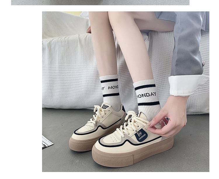 Platform Color Block Applique Faux Leather Lace-Up Sneakers SpreePicky