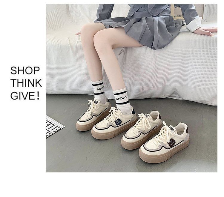 Platform Color Block Applique Faux Leather Lace-Up Sneakers SpreePicky