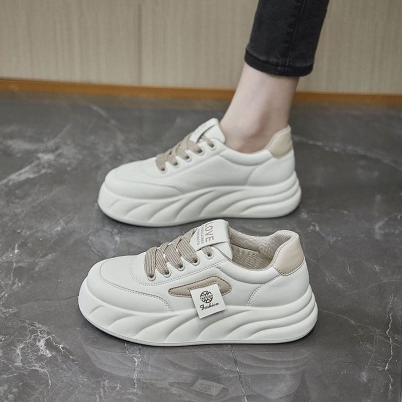 Platform Two Tone Applique Faux Leather Lace-Up Sneakers SpreePicky