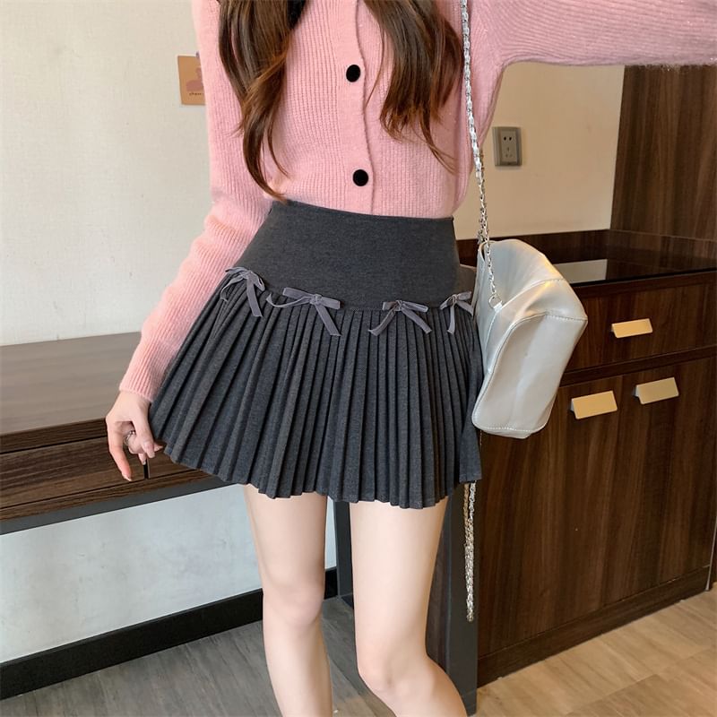 High Waist Plain Bow Pleated Mini A-Line Skirt SpreePicky