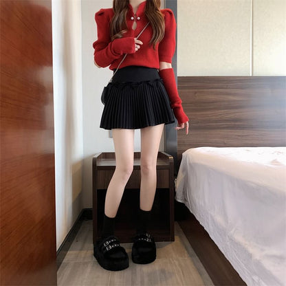 High Waist Plain Bow Pleated Mini A-Line Skirt SpreePicky